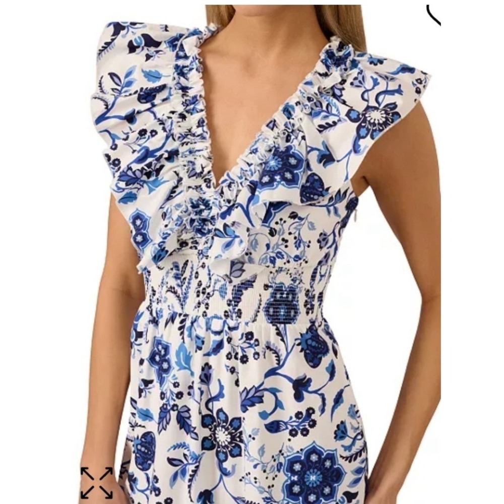 Adrianna Papell Blue White Floral Ruffle Midi Dress NWOT Size 10 Cottagecore - Picture 2 of 10